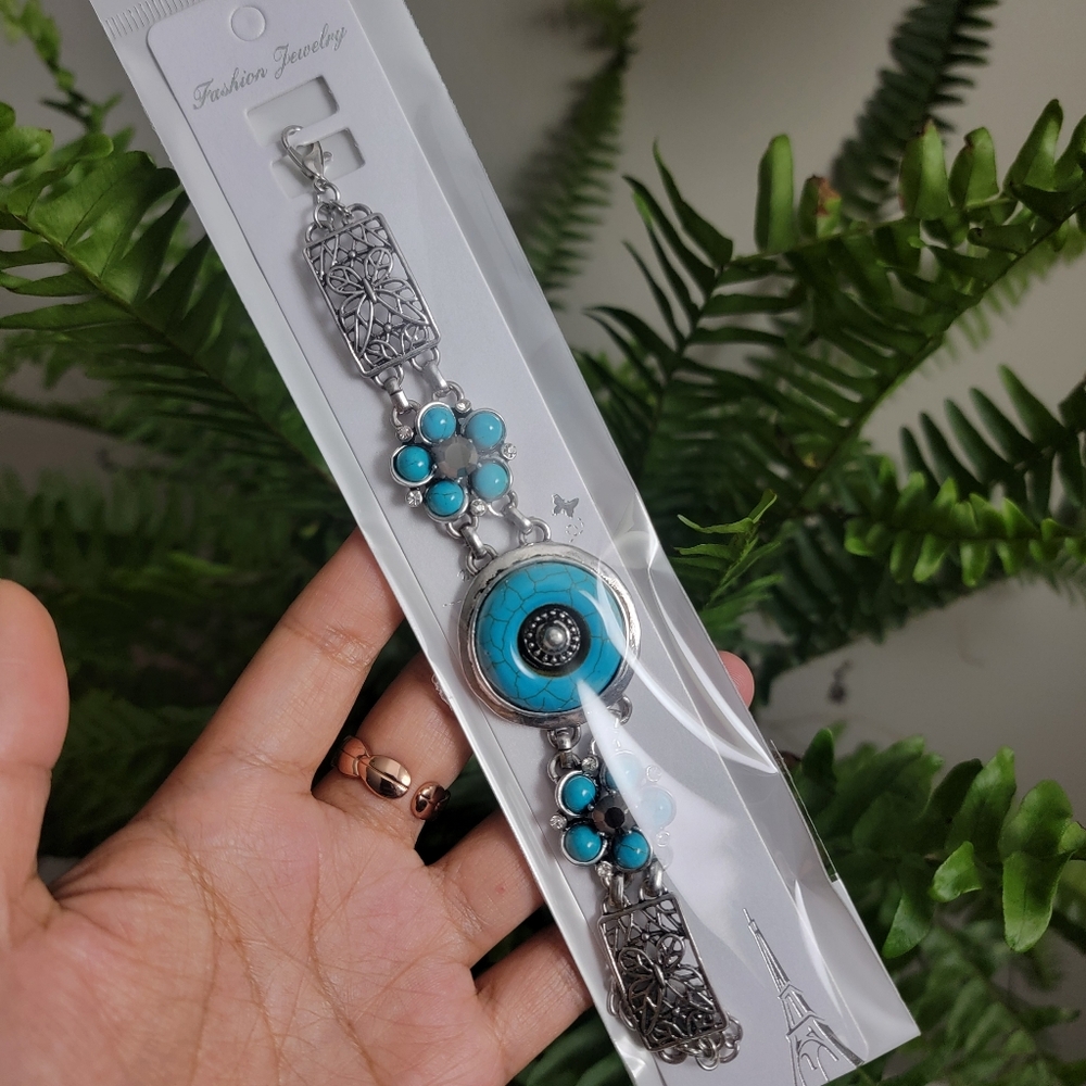 Fashion Jewelry Blue and Silver Floral & Butterfly Bracelet